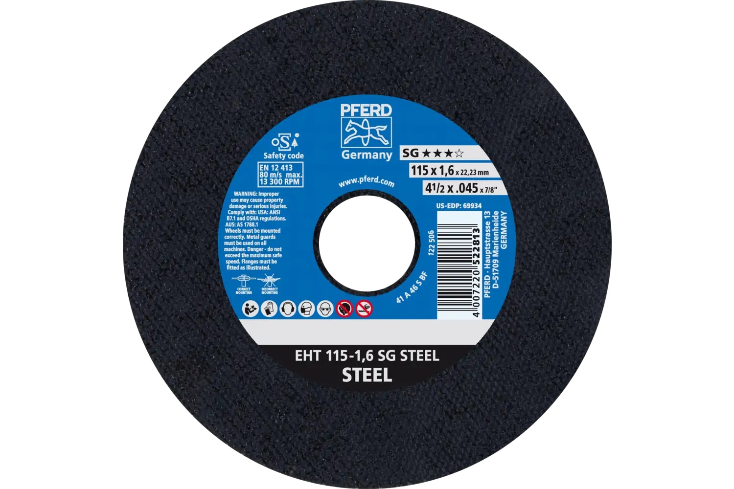Picture of Pferd Cut-Off Wheel, 4-1/2" X .045 X 7/8, Sg Steel, T1, Aluminum Oxide